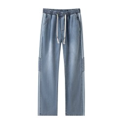 Paneled striped jeans